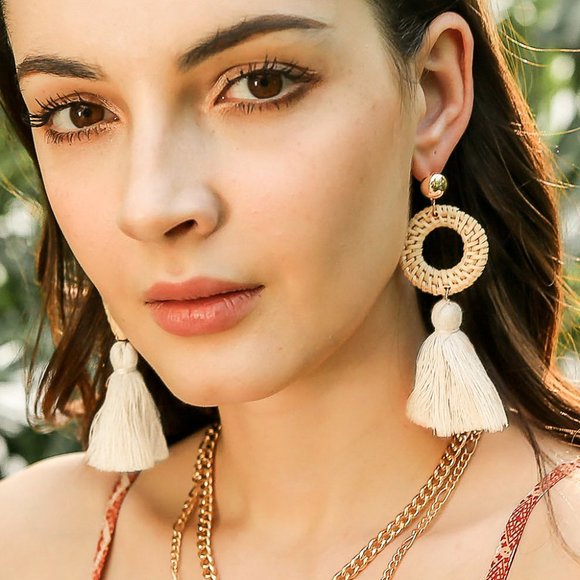 “Orval” Earrings Tassels Wicker Cream White - Picture 9 of 9